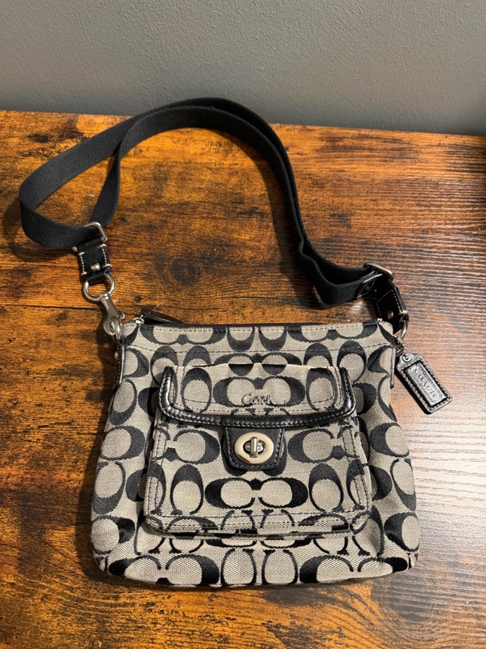 Coach Black and Gray Signature Print Crossbody with Turn-Lock Pocket